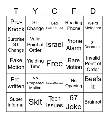 Formal Session Bingo Card