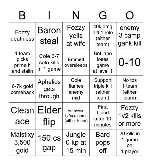 Fozzy Kittens Bingo Card