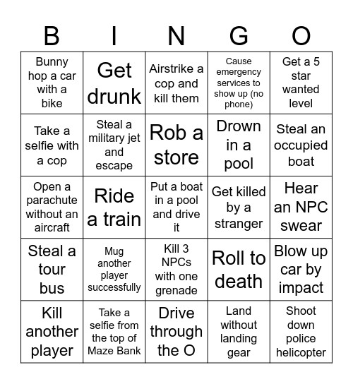 GTA V Bingo Card