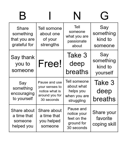 Self-Compassion Bingo Card