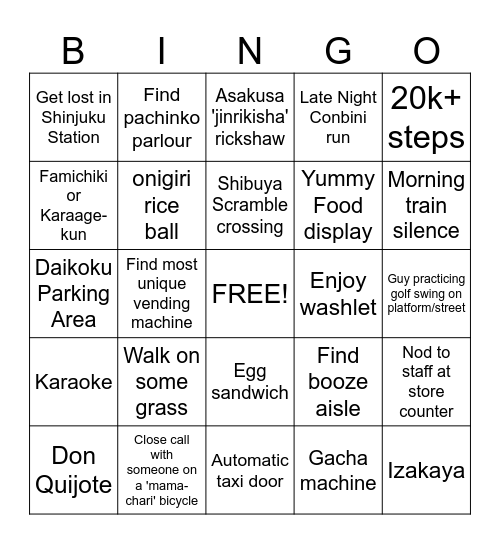 Tokyo Trip Bingo Card
