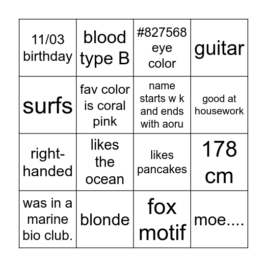 my type Bingo Card