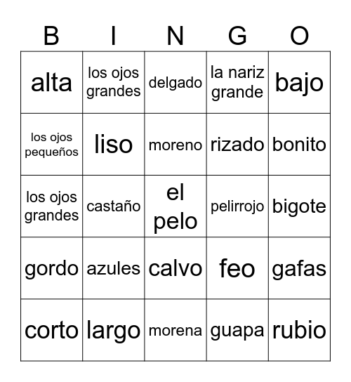 la descripcion fisica Bingo Card