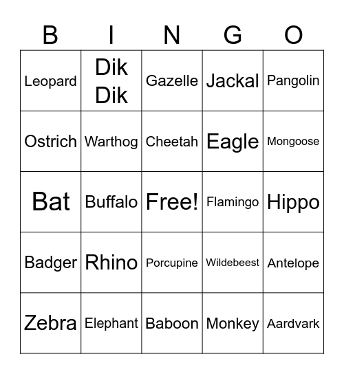EJS SAFARI Bingo Card