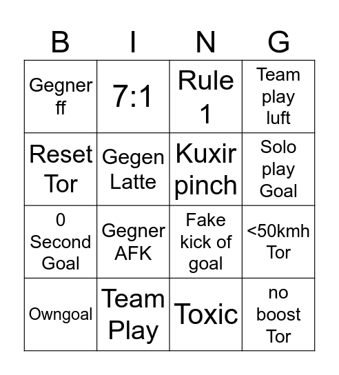 Rocket League Bingo Card