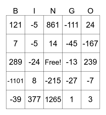Addition and Subtraction Bingo Card