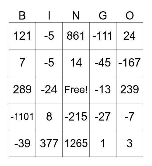 Addition and Subtraction Bingo Card