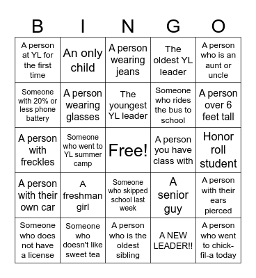 Younglife Bingo Card