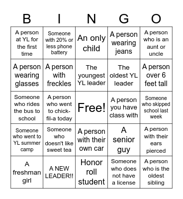 Younglife Bingo Card