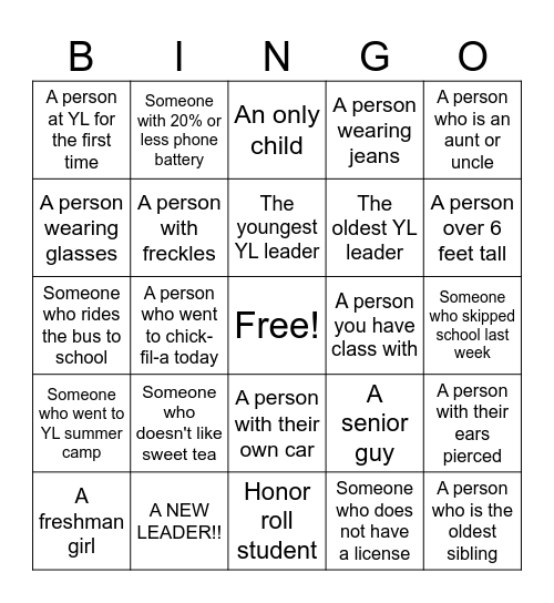Younglife Bingo Card