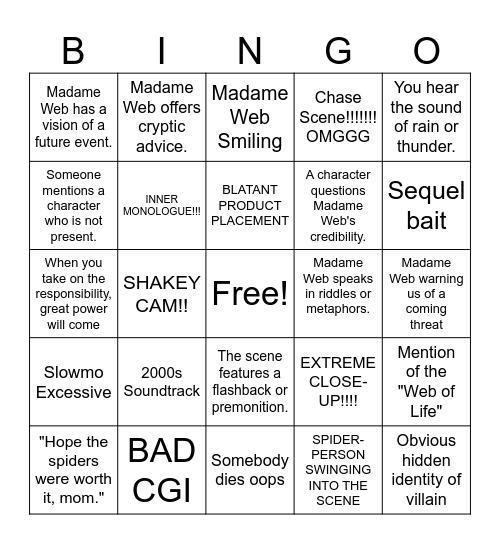 Madame Web Bingo Card