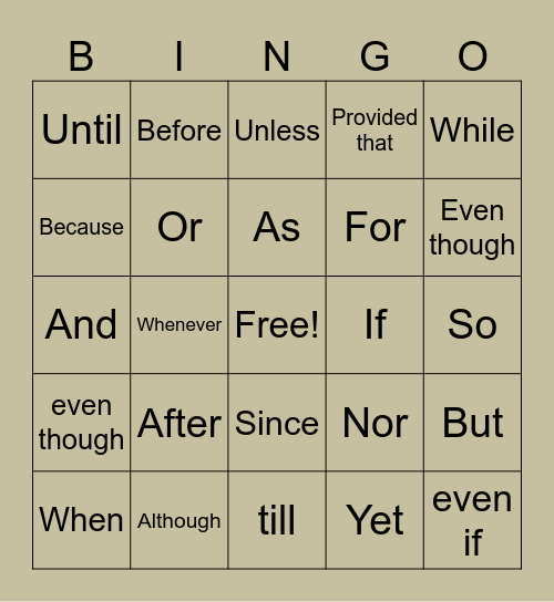 Conjunctions Bingo Card