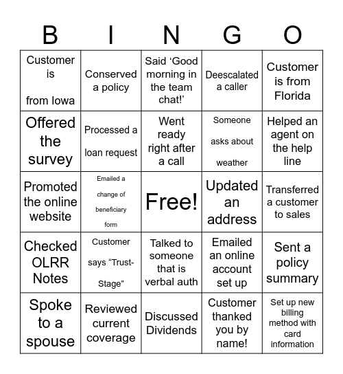 Agent Bingo Card