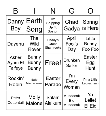 Spring Holiday Music Bingo Card