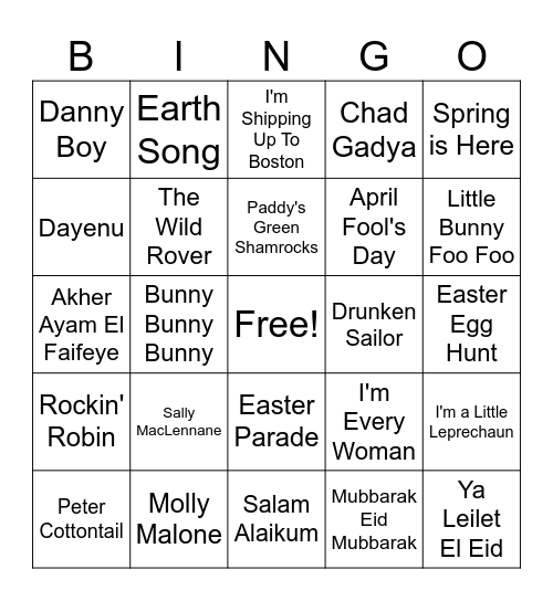 Spring Holiday Music Bingo Card
