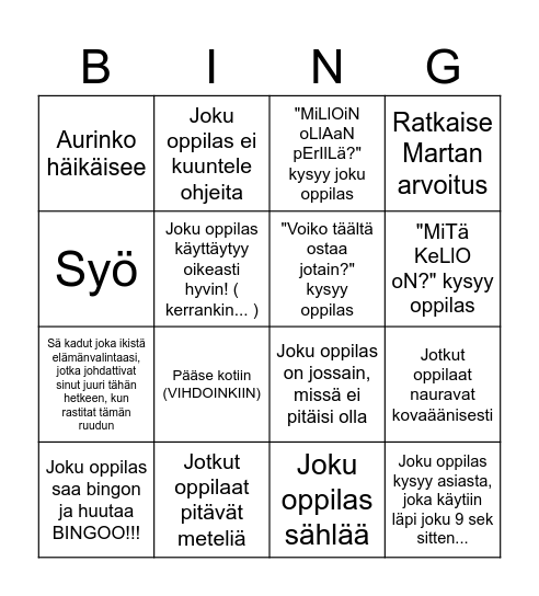 Jokurandomretkibingo - opeversio Bingo Card
