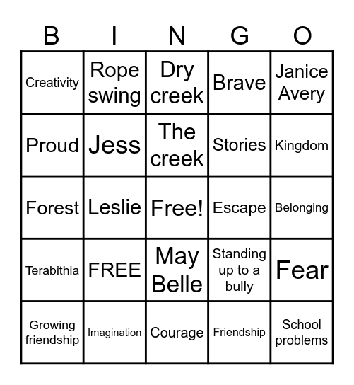 Bridge to Terabithia Chapter 6 - 7 Bingo Card