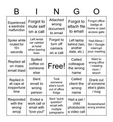 Professional Fail Bingo Card