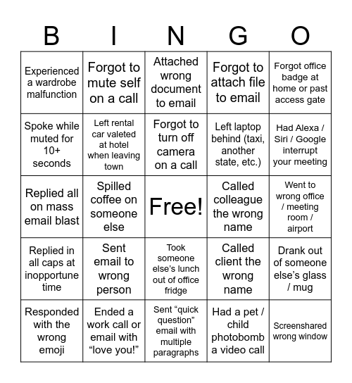 Professional Fail Bingo Card
