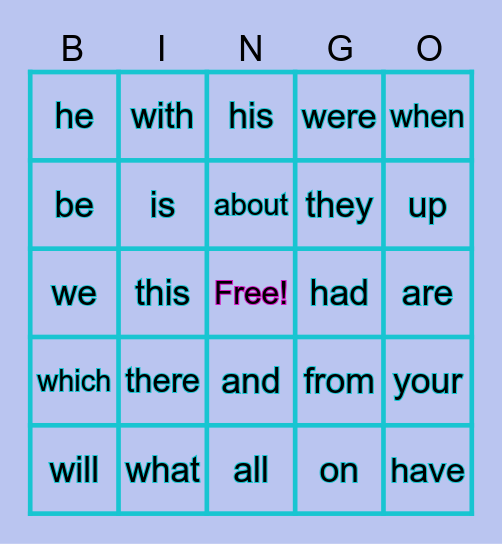 Power Words 1-49 Bingo Card