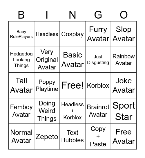 Catalog Avatar Creator Bingo Card