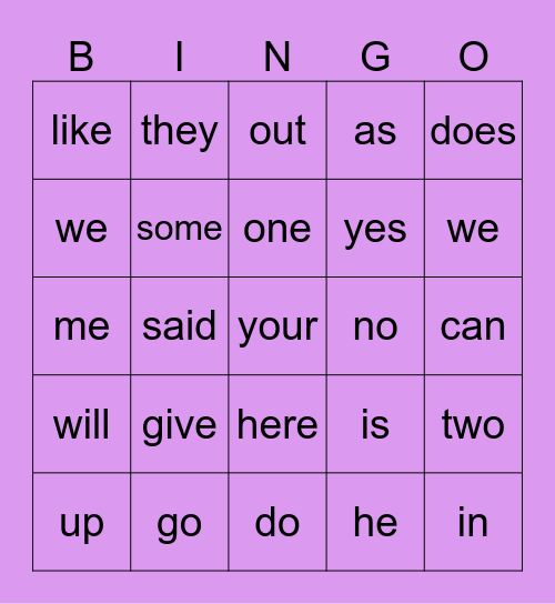 Sight Word Bingo Card