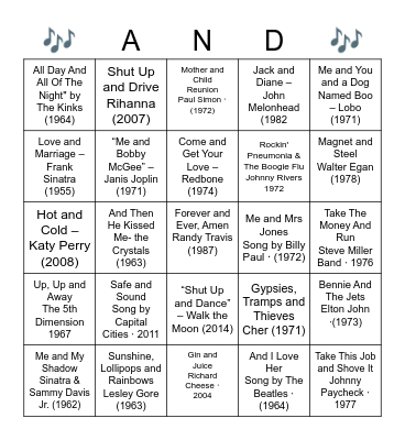 "AND" then? Songs with "and" in the title Bingo Card