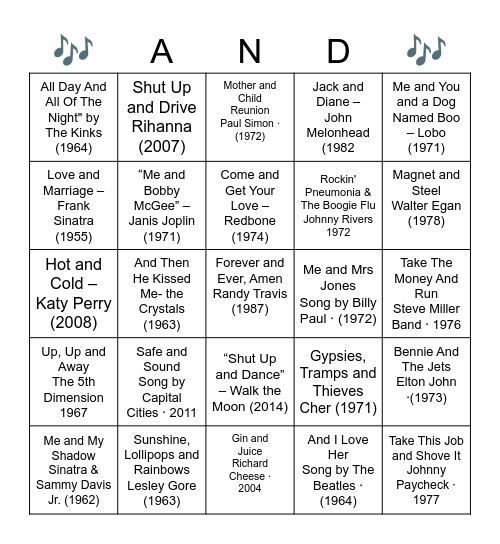 "AND" then? Songs with "and" in the title Bingo Card