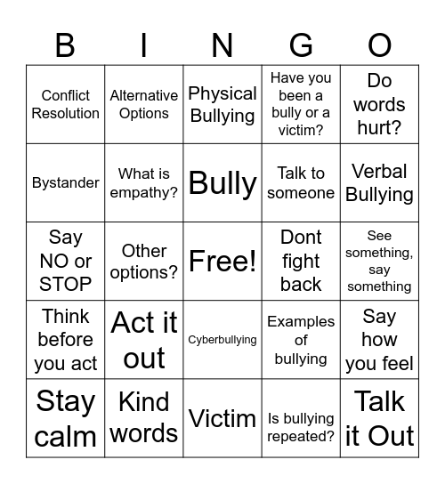 Responding to Teasing Bingo Card