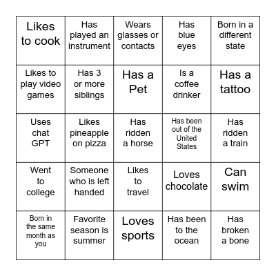 Getting to Know You Bingo Card