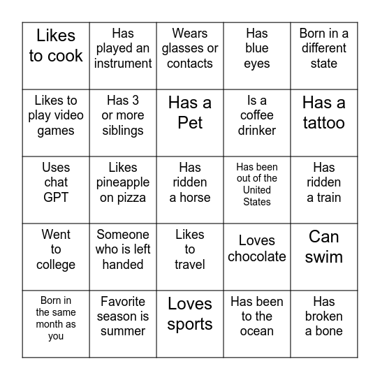 Getting to Know You Bingo Card