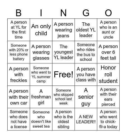 Younglife Bingo Card