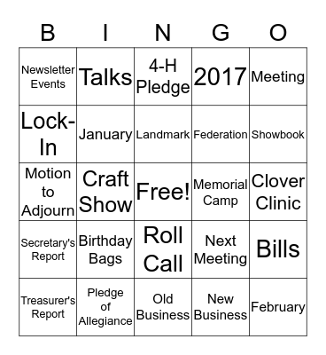 4-H Meeting Bingo Card