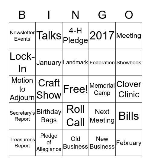 4-H Meeting Bingo Card