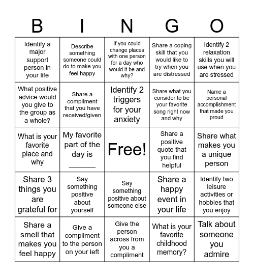 Therapy Bingo Card