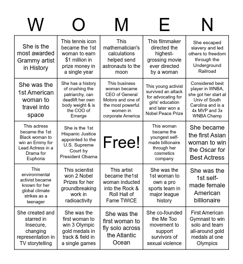 Emerge Women's History Month Bingo Card