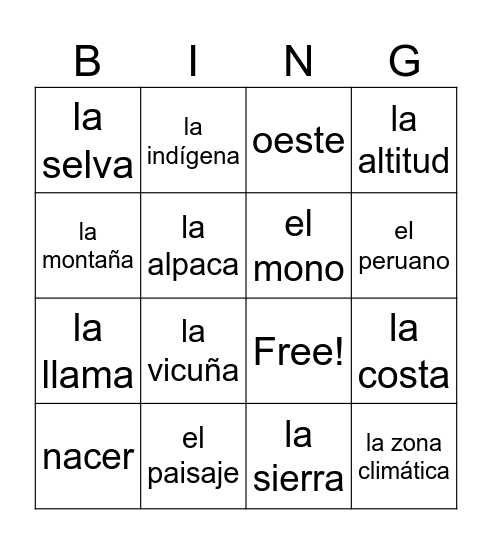 Palabras sobre Perú Bingo Card