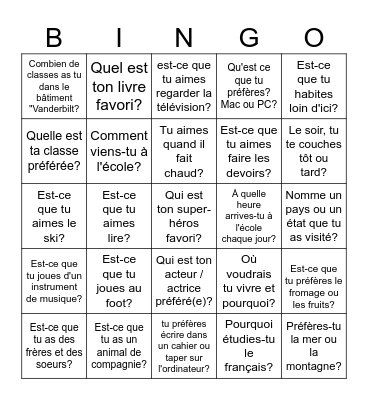 Des Questions! Bingo Card