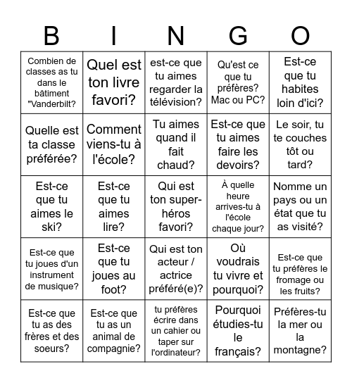 Des Questions! Bingo Card
