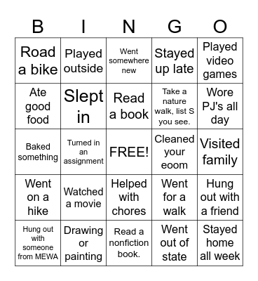 Spring Break Bingo Card