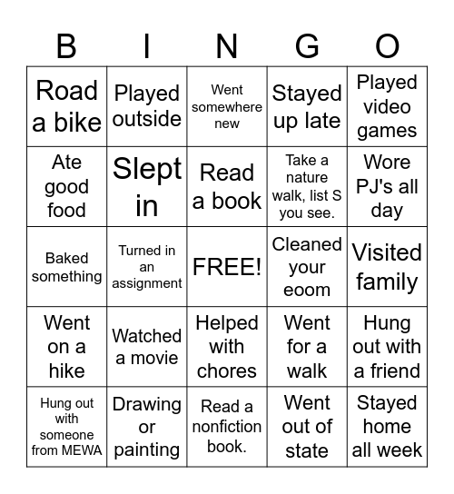 Spring Break Bingo Card