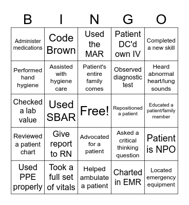 Fairmont State University Nursing Student Bingo Card