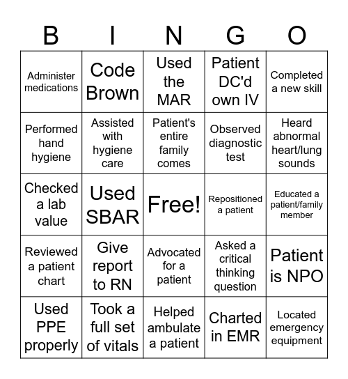 Fairmont State University Nursing Student Bingo Card