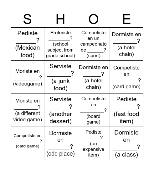 BINGO de ZAPATOS Bingo Card