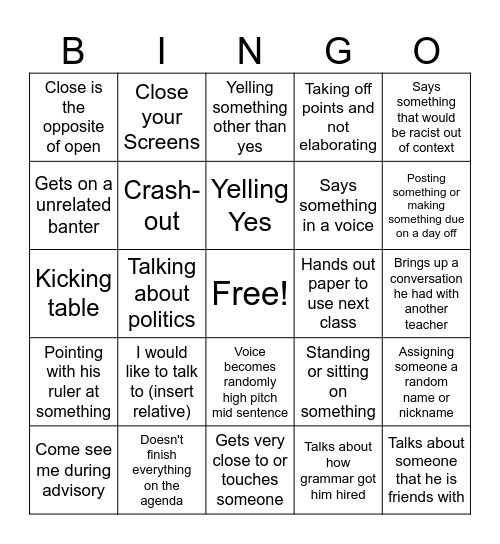 7th English Bingo Card
