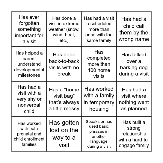 Home Visitor Bingo Card
