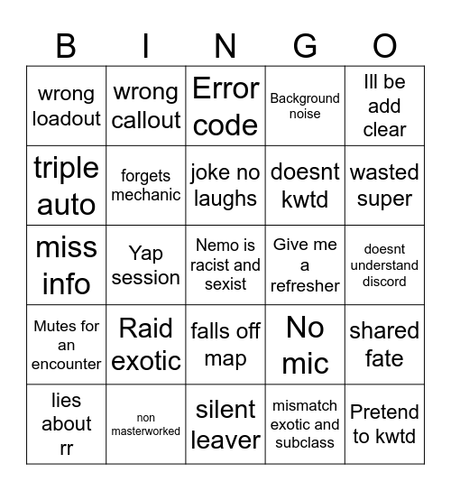raid bingo Card