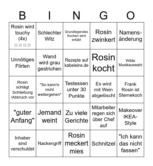 Rosins Restaurant Bingo Card