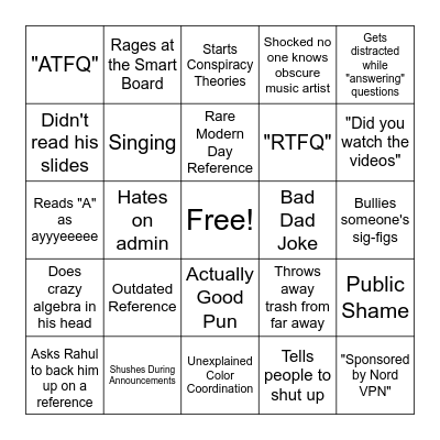 Mr. G Bingo Card