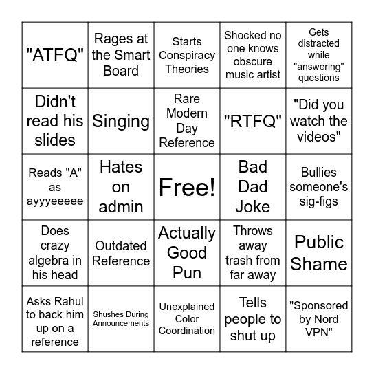 Mr. G Bingo Card